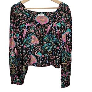 Colorful Floral and Bird Print Blouse